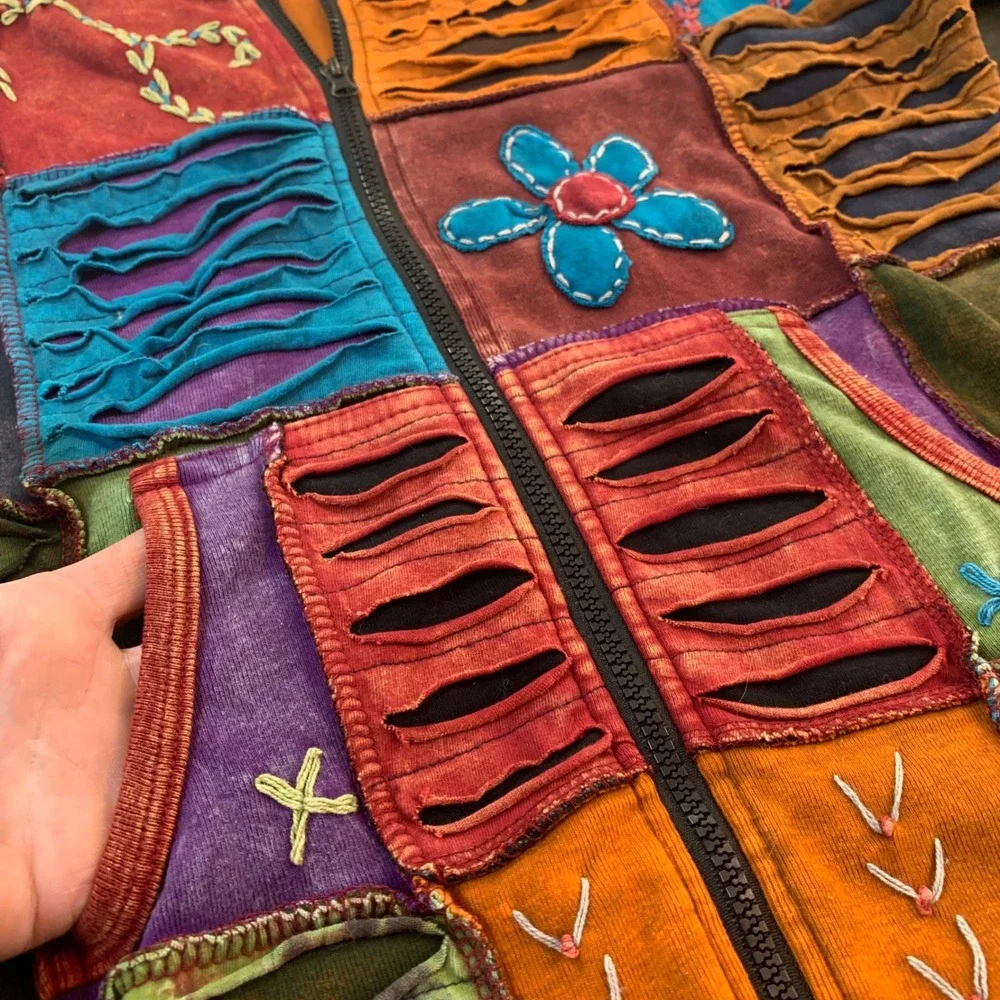 Boho Patchwork Hoodie‎ L Nepal Cotton Embroidered Festival Hippie Cottagecore
